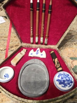 Vintage Chinese Calligraphy Set Brushes Pigment Chop Seals Orig Presentation Box 2