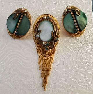 Vintage Marena Hand Made In Germany Demi Parure Brooch/pendant Earrings Set