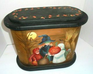 Vtg Hand Painted Halloween Box Ghost Witch Devil & Candy Corn Canister Treats