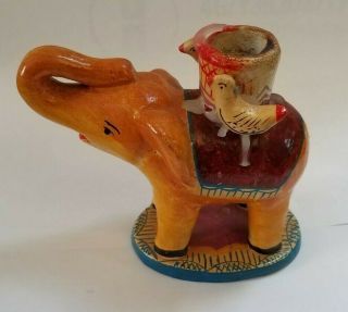 Vintage Mexican Pottery Folk Art Elephant Candle Holder W/ Birds