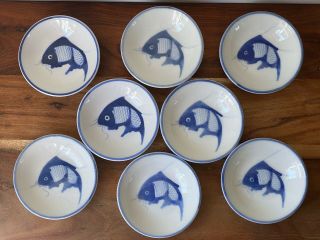 Set Of 8 Vintage Blue Handpainted Koi Fish 4” Wasabi Condiment Rice Bowl 2