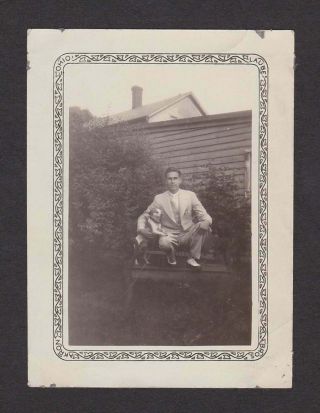 Cute Little Dog Posing W/handsome Guy On Bench Old/vintage Photo Snapshot - E406
