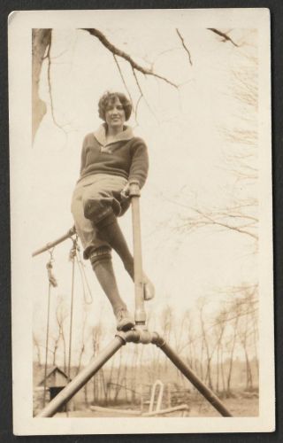 B178 - Flapper Era Lady On Top Of Swing Set - Old Vintage Photo Snapshot