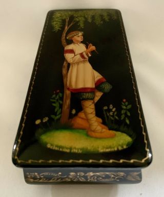Vtg Russian Lacquer Hand - Painted Box Leaning Boy W Flute Signed & Dated 1993 ^