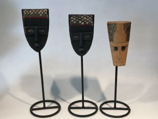 Set Of 3 Vintage African Handcrafted In Ghana Wooden Tribal Masks On Stands Base
