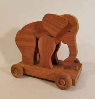 Vintage Wooden Elephant Pull Toy Rolling Toy On Wheels