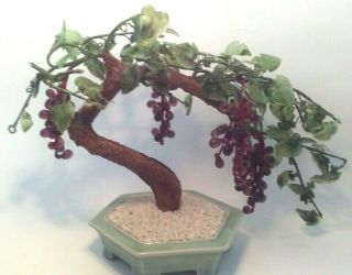Large Vintage Grape Bonsai Tree Sculpture With Carved Stone Jade Colored Planter