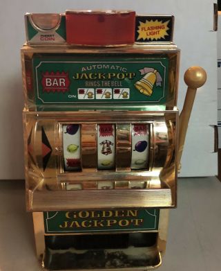 Vintage Golden Jackpot 25 Cent Slot Machine Bank Waco Collectible Made In Japan.