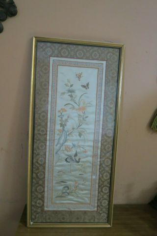 Vintage Chinese Silk Embroidery Panel Tapestry Doily Bird Floral Framed 10 " X24 "