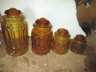 60’s Vintage Le Smith Moon & Stars Amber Glass Apothecary Canister Set