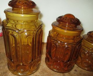60’s VINTAGE LE Smith Moon & Stars Amber Glass Apothecary Canister Set 2