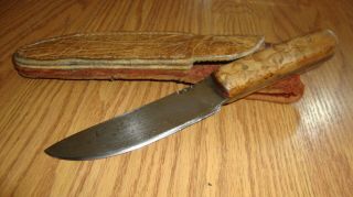 Vtg Signed Custom Made Fixed Blade Knife W/ Sheath Survival Hunting Burl Handle