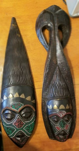 2 Vintage African Tribal Wood Face Masks Hand Carved Wall Hanging Art Decor.