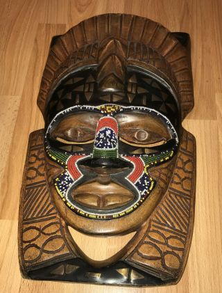 African Nigeria Tribal Mask Hand Carved Wood Beaded Brass Inlay Wall Hanging