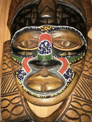 AFRICAN NIGERIA TRIBAL MASK HAND CARVED WOOD BEADED BRASS INLAY WALL HANGING 2