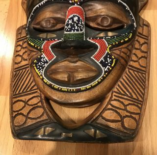 AFRICAN NIGERIA TRIBAL MASK HAND CARVED WOOD BEADED BRASS INLAY WALL HANGING 3