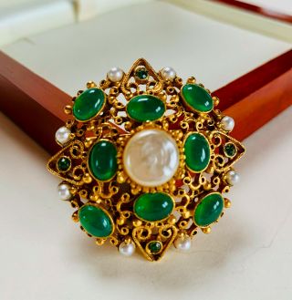 Vintage Jewellery Signed Florenza Green/pearl Cabochon Gold Plated Brooch/pin