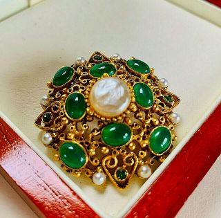 VINTAGE JEWELLERY SIGNED FLORENZA GREEN/PEARL CABOCHON GOLD PLATED BROOCH/PIN 2