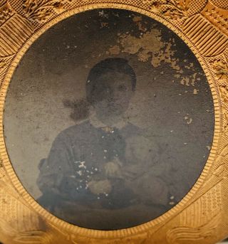 1800s Tintype Photography Of Women Holding A Baby In Gold Fram