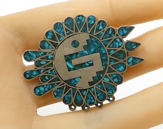 Mexico 925 Silver - Vintage Tribal Crushed Turquoise Brooch Pin - Bp1702