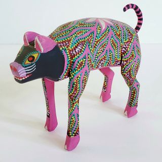 Vintage Oaxacan Alebrije Wood Carving Pig Cat Signed Felipe Blas Mexico Folk Art