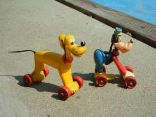 2 Vintage Walt Disney 1960s Marx Toys Goofy & Pluto Fun On Wheels