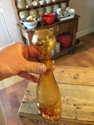 Vintage Small Amber Glass Cat Italian Genie Bottle / Decanter – Retro –