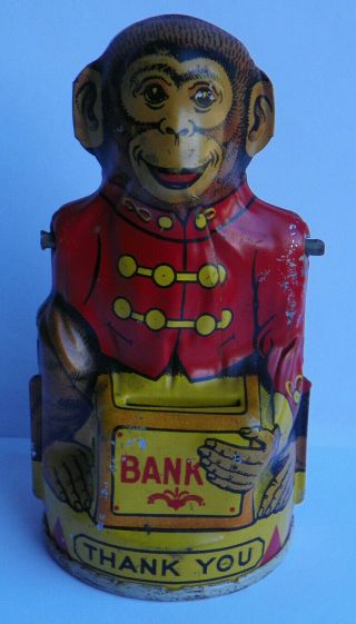 Vintage J Chein Tin Litho Circus Monkey Coin Bank W/ Bottom - Parts