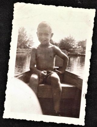 Vintage Antique Photograph Cute Little Boy Sitting In Boat On The Water