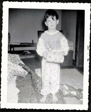 Antique Vintage Photograph Cute Little Boy In Pajamas Opening Gifts / Presents