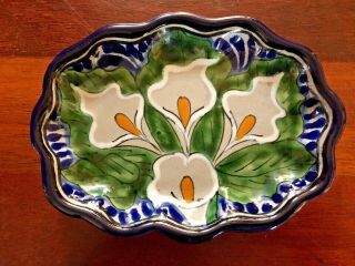 Vintage Mexican Folk Art Talavera Pottery Signed Calla Lily Soap Dish Tray Plate