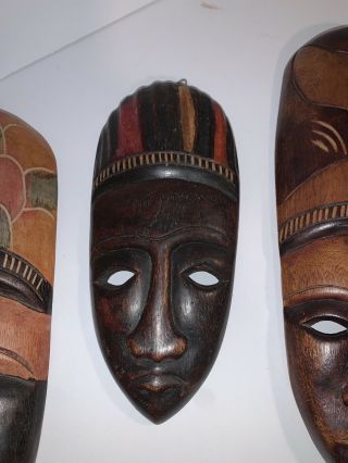 3 Hand Carved Wooden African Face Masks Wall Hanging Art 13”,  12” And 9” Tall