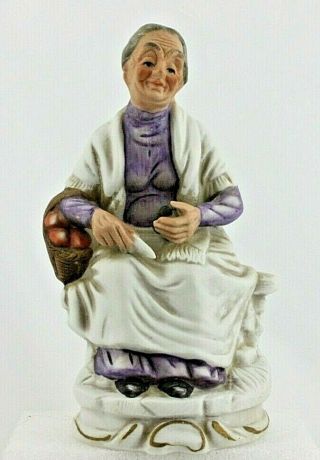 Vintage Porcelain Figurine Old Lady Sitting With A Basket Of Apples Hand Painted