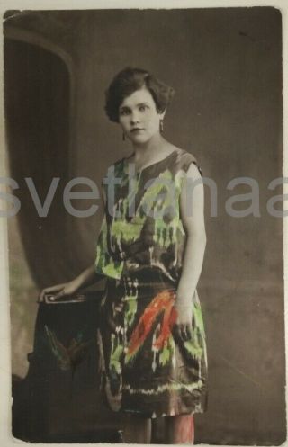 1929 Fashionable Girl Hand Tinted Dress Lovely Young Woman Russian Vintage Photo