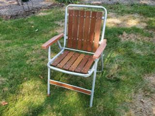 Vintage Aluminum Red Wood Slats Folding Patio Lawn Chair