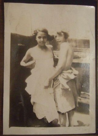 Vintage Black & White Photo 2 Girls Topless Bareback Stripping Off Dress 1930s