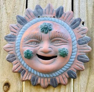 Authentic Vintage Mexican Folk Art Clay Wall Hang Hanging Moon Sun Happy Face