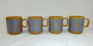 Set Of 4 Vtg Mid Century Hornsea Mugs Coffee Tea Cups Brown Blue Cross Design