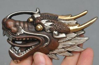 Old Chinese Pure Bronze Gilt Silver Fengshui Dragon Head Amulets Belt Buckle