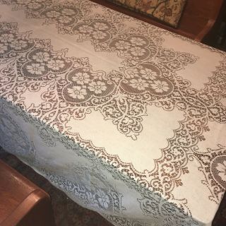 Large Vintage Quaker Lace Cream Color Tablecloth Floral Design 73x107 2