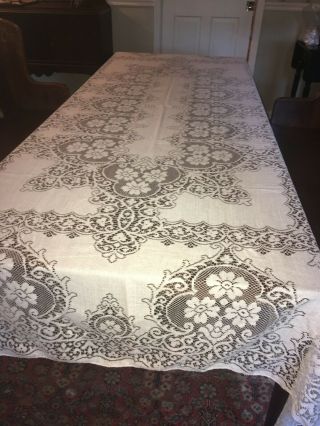 Large Vintage Quaker Lace Cream Color Tablecloth Floral Design 73x107 3