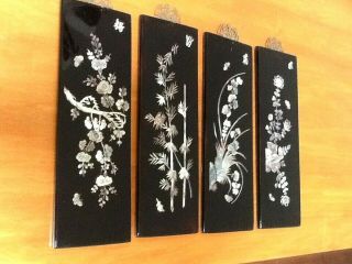 Vtg Asian Hand Painted Black Lacquer Mother Of Pearl Wall Panels 4 Seasons