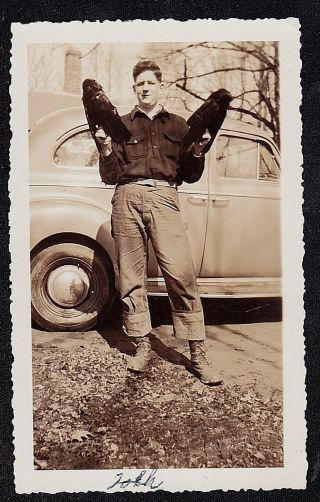 Vintage Antique Photograph Man Holding Huge Birds By Vintage Car Automobile