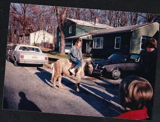 Vintage Photograph Young Girl Riding Pony / Horse In Front Of House
