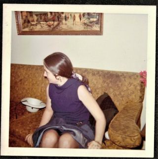 Vintage Photograph Young Woman Sitting On Couch Looking The Other Way