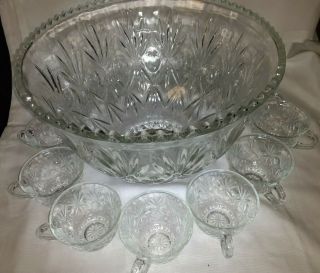 Vintage Clear Crystal Cut Glass 12 " Punch Bowl Set,  12 Cups,  8 Qt. ,