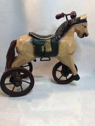 Wood Horse With Wheels Tricylce Rolls Vintage Style Hand Carved/painted 7 " Tall
