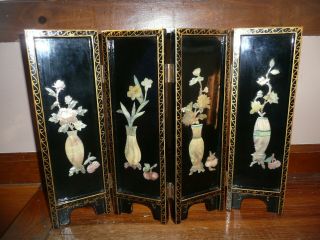 Vtg Atq Mother Of Pearl Japanese Screen 4 Panel Folding Lacquer Floral Oriental