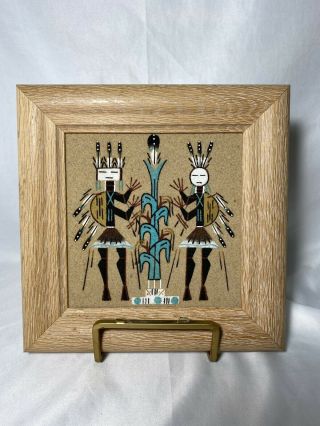 Navajo Indian Native American Sand Art Painting & Signed By Artist Frame