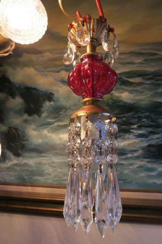 Vintage Ruby Red Glass Brass Hanging Swag Lamp Chandelier Crystal Prisms